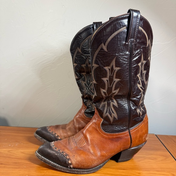 Vintage Tony Lama Boots 6951 Men's Black Brown Lizard Tip Western Cowboy Boots